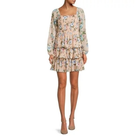 Madden NYC Beige & Blue Floral Long Sleeve Tiered Mini Dress XXL - Picture 1 of 5